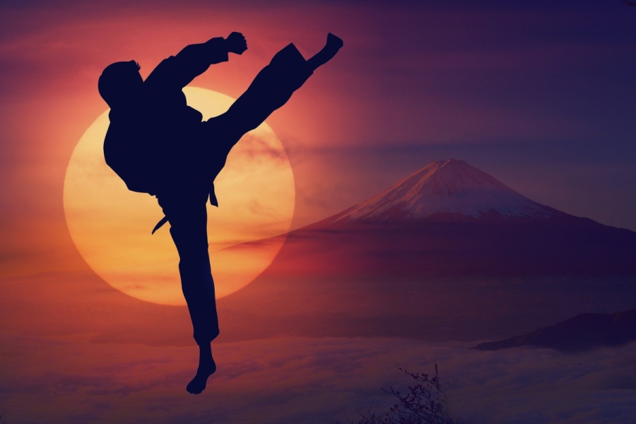 karateka ćwiczący o zachodzie słońca