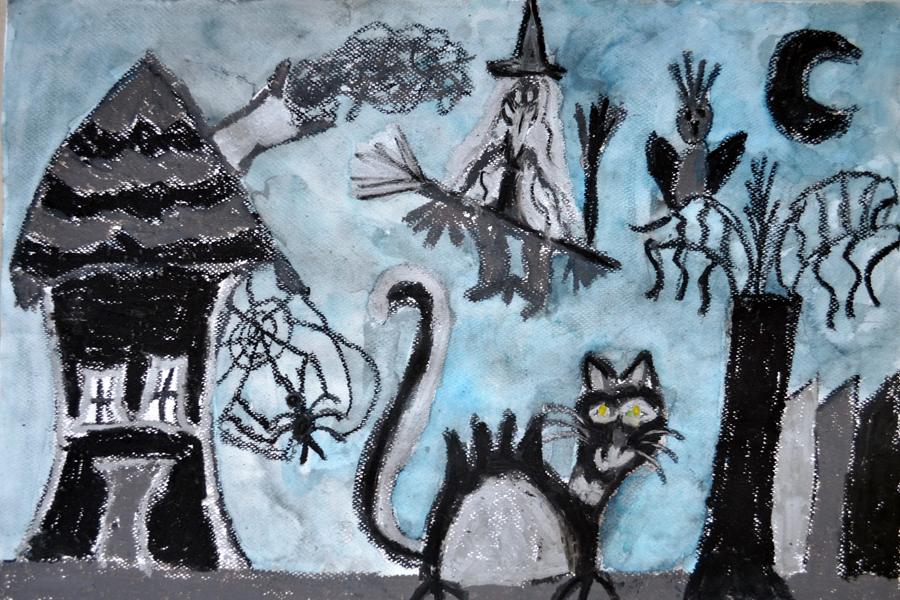 rysunek czarną pastelą kot i czarownica