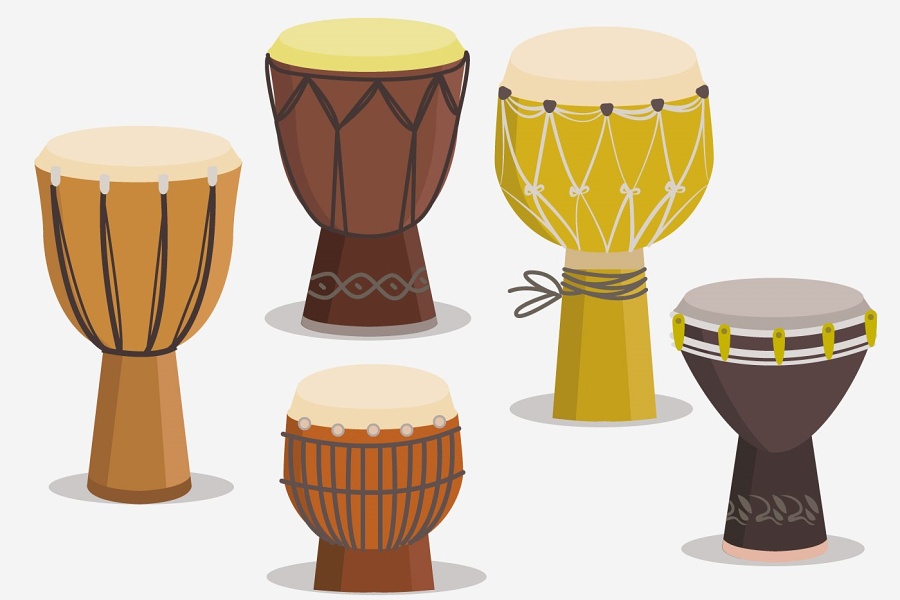 pięć kolorowych bębnów djembe - grafika