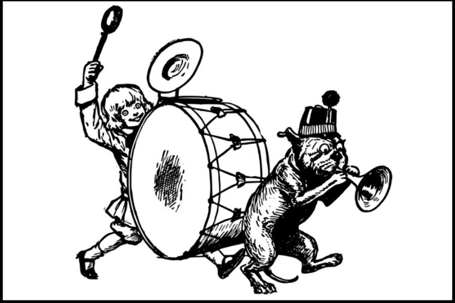 Rysunek przestawia chłopca grającego na dużym bębnie oraz kota w kapeluszu grającego na czymś w rodzaju trąbki