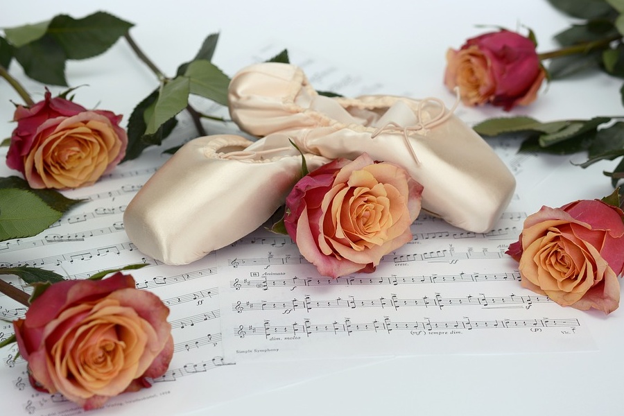 Zdjęcie przedstawia baletki, róże i nuty.