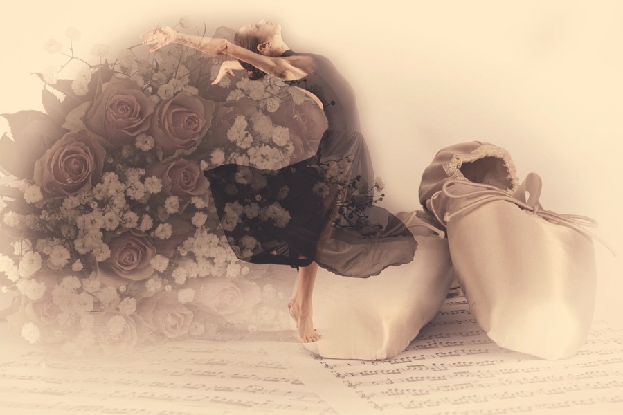 Zdjęcie przedstawia tancerkę, baletki i róże