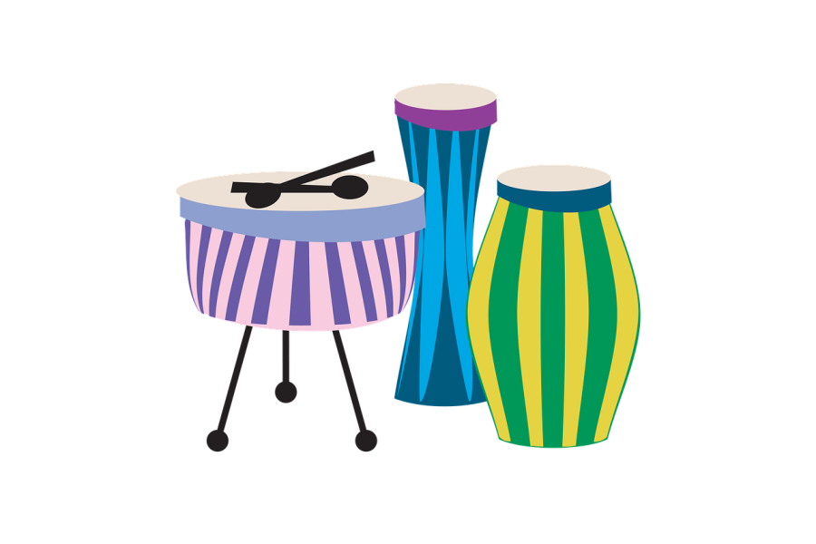 Rysunek przedstawia trzy różnokolorowe instrumenty perkusyjne. Dwie congi na których gramy dłońmi oraz tzw. kocioł na którym gra się pałeczkami.