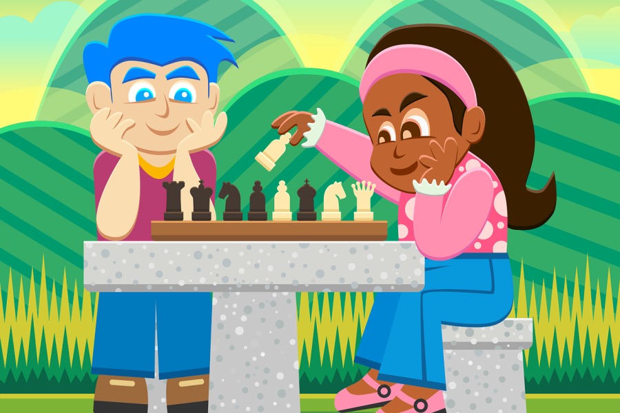 Chłopczyk i dziewczynka grają przy stoliku w szachy, kolorowa grafika.