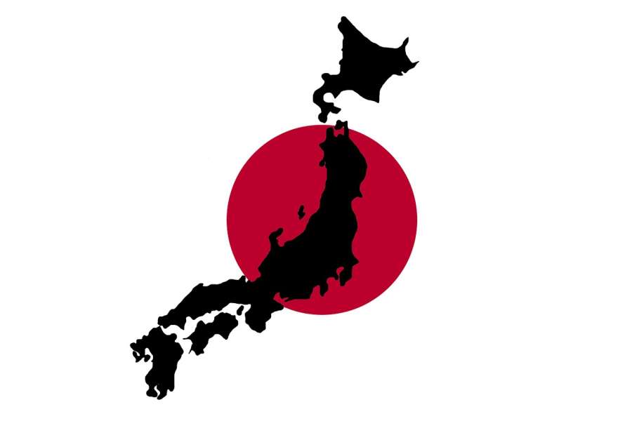 ilustracja archipelagu wysp japońskich na tle flagi Japonii.