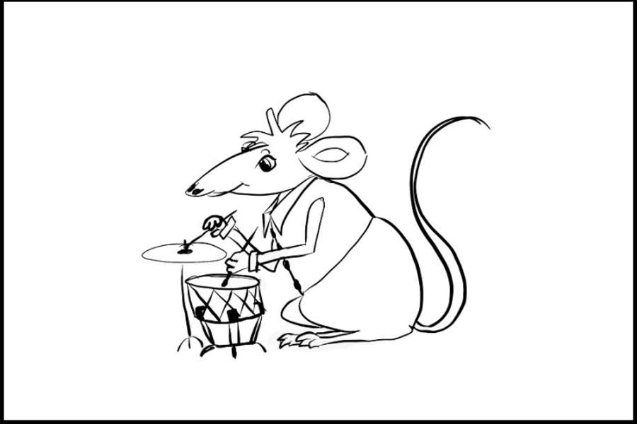 Rysunek przestawia myszkę grającą na talerzu i werblu