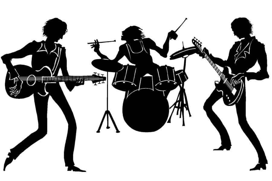 czarna grafika na białym tle, dwóch gitarzystów i jeden perkusista