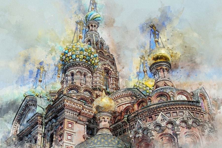 Zdjęcie przedstawia rysunek w technice pasteli przedstawiający rosyjską architekturę Kremla