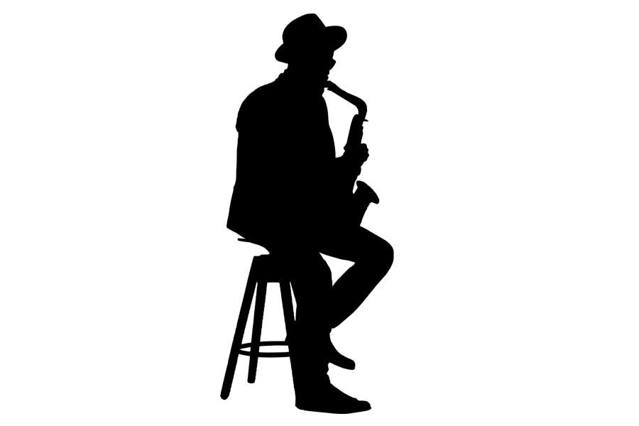 na grafice widać sylwetkę muzyka jazzowego grającego na saksofonie.
