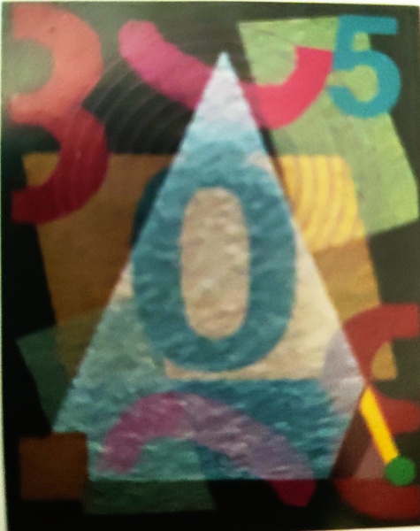 plakat utworzony z kolorowych cyfr i liter na różnych figurach geometrycznych