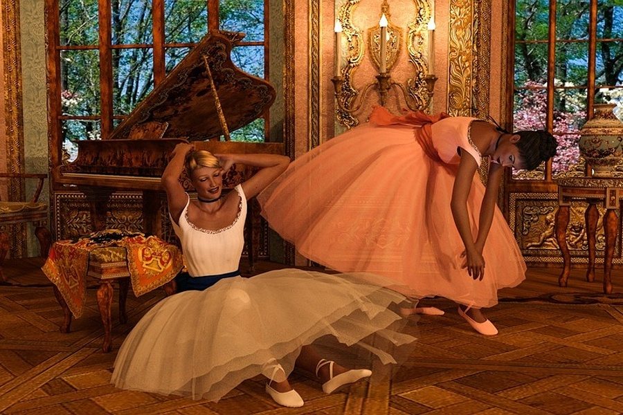 Zdjęcie przedstawia pałacowe wnętrze i dwie baletnice przy fortepianie.