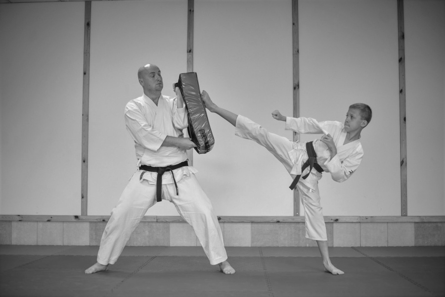 Na zdjęciu karateka wykonujący kopnięcie yoko geri kekomi na tarczę trzymaną przez Sensei.