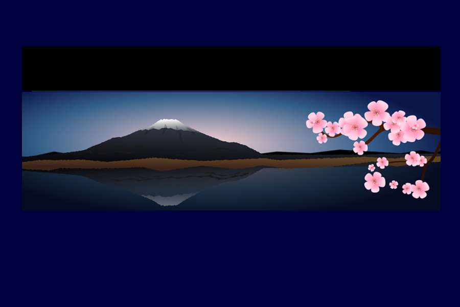 grafika przedstawia górę Fuji oraz gałąź kwitnącej wiśni