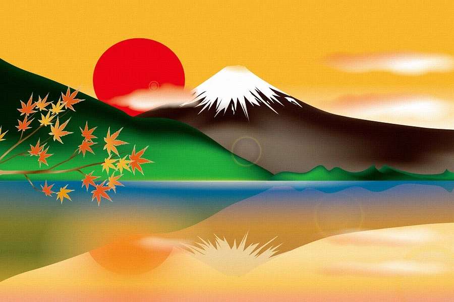 Grafika przedstawia górę Fuji podczas zachodu słońca.