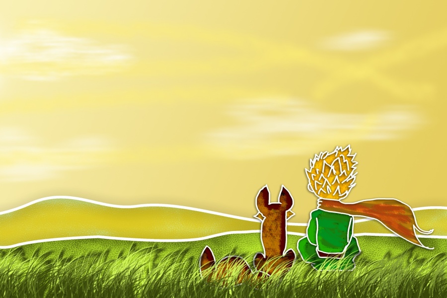przedstawia sylwetki Małego Księcia i Lisa siedzących na trawie tyłem do oglądającego